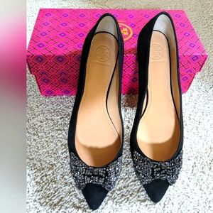Tory Burch Black Sliver Rhinestone Bow Flats Women Sz 8.5